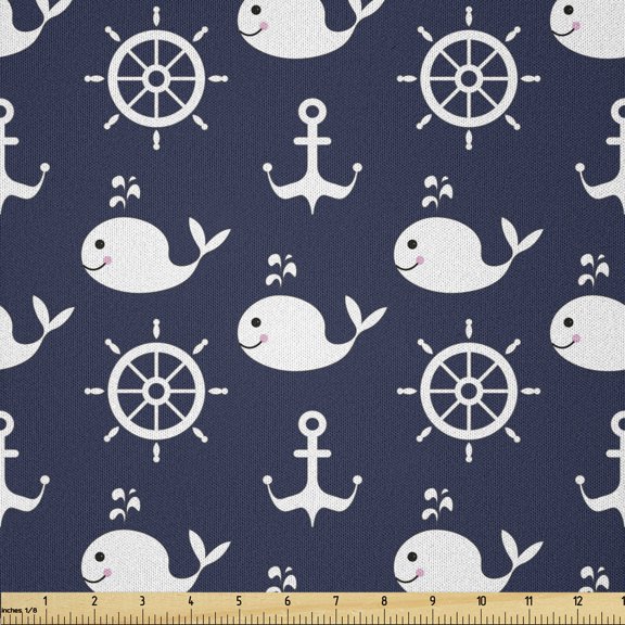 Navy Blue Fabric by The Yard, Maritime Pattern with Whales Helms Anchors Nautical Elements Deep Sea Life, Microfiber Fabric for Arts and Crafts Textiles & Decor, 1 Yard, Navy Blue, by Ambesonne