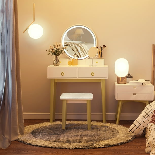 Bureau de coiffeuse avec miroir éclairé 3 couleurs, ensemble de table de  maquillage avec lumières et