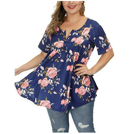 

Big&Tall Plus Size Summer Tops for Women Fashion Woman Causal V-Neck Floral Printing Blouse Short Sleeve T-Shirt Summer Button Tops Button T-shirts Maternity Blouses Blue 5XL