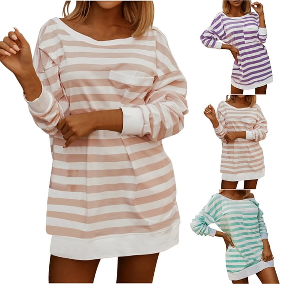 HVOBTTY Womens Long Sleeve Pullover Sweatshirt, Fall Tops for Women, Women's Casual Striped Print Back Crew Neck Cutout Loose Top with Pocket Green, XXXL