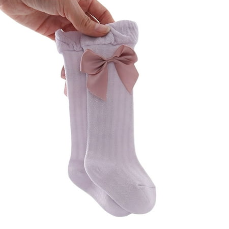 

Jkerther Girl Solid Color Socks Breathable Long Tube Socks with Big Bowknot Decor for Spring Autumn