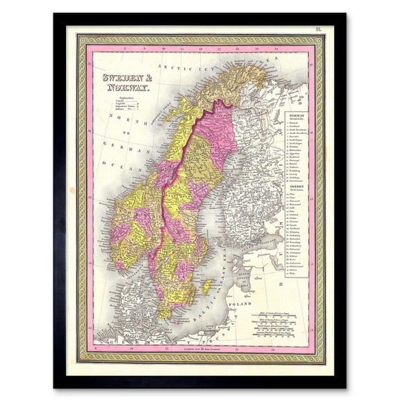 1850 Mitchell Vintage Map Scandinavia Colour Coding Sweden And Norway Art Print Framed Poster Wall Decor 12x16 inch