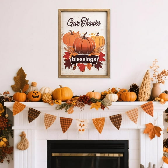Metal Fall Thanksgiving Give Thanks Sign, 15.7×11.8 Inch 3D Pumpkin Wall Art with Wooden Framed, Rustic Autumn Harvest Decor Indoor Bathroom Farmhouse Seasonal Decorations for Home