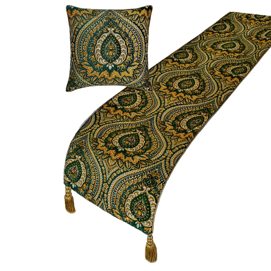 The HomeCentric King / Queen / Twin Green Designer Queen 74"x18" Bed Runner WITHOUT Pillow Cover, Damask, tassels & Tapestry Bed Scarf on Jacquard fabric - Damask Tapestry
