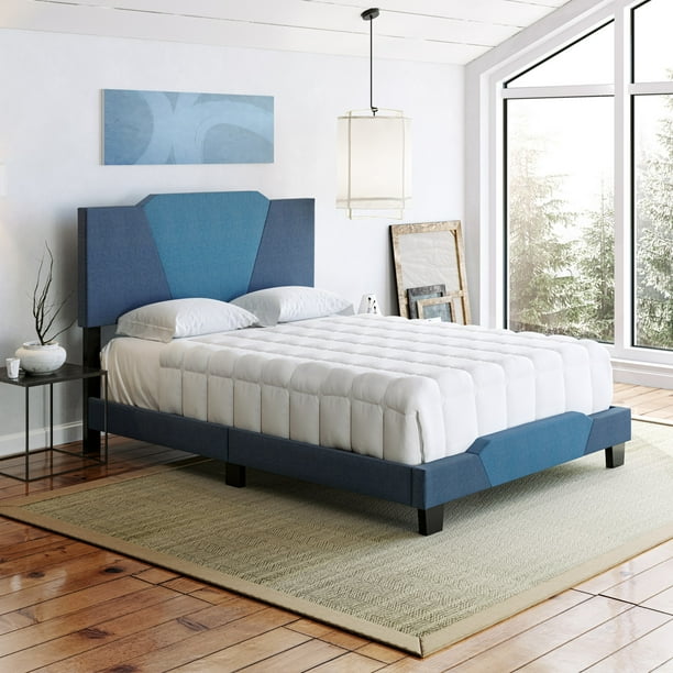 Premier Taranto Upholstered Geometric Ocean And Medium Blue Linen Platform Bed Frame King Com Premier Taranto Upholstered Geometric, King Linen Platform Bed