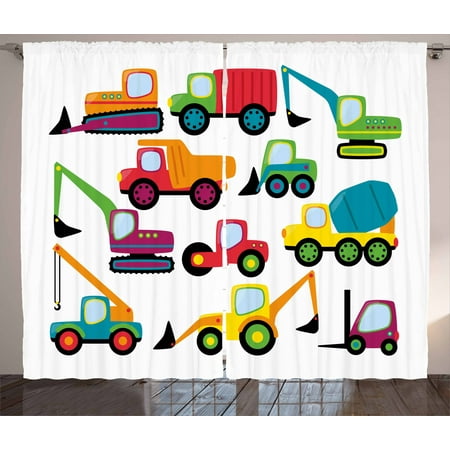 Construction Curtains 2 Panels Set Cute Style Vehicles And Heavy