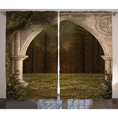 Gothic Decor Curtains 2 Panels Set, Old Retro Arch in Garden Renaissance Meadow Forest Dark Scary Design Image, Window Drapes for Living Room Bedroom, 108W X 84L Inches, Green Beige, by