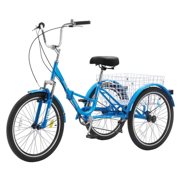 Folding Adult Tricycle, 24-Inch 7-Speed Adult Folding Trikes, Carbon Steel 3 Wheel Cruiser Bike with Basket & Adjustable Seat, Shopping Picnic Foldable Tricycles for Women, Men, Seniors (Blue)