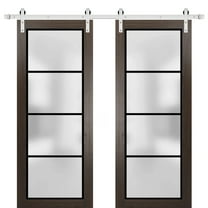 Sturdy Double Barn Door 72 x 80 inches | Planum 2132 Chocolate Ash Frosted Glass | Stainless Steel 13FT Rail Hangers Heavy Set | Solid Panel Interior Doors