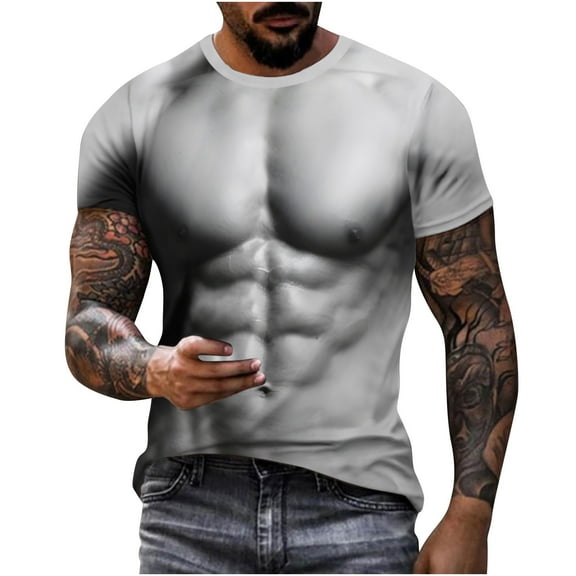 ZCFZJW Fashion Mens Summer T-Shirts Crewneck Cool Short Sleeve Funny 3D Fake Abs Pattern Graphic Print Top Casual Athletic Tees Gray#01 XXL