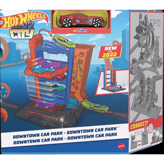 Mattel Hot Wheels City Downtown Toy Set, 3 Pieces, Assorted Colors, 12" x 18" x 6", Plastic