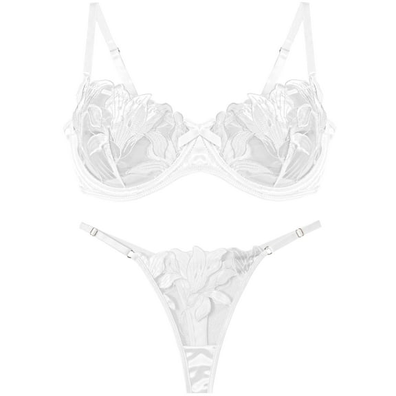 Ausing Bra and Panty Sets for Women Matching Underwear Bralettes Lace Mesh Push Up V Neck trappy Floral Embroidered Breathable Underwear 2 Piece White M