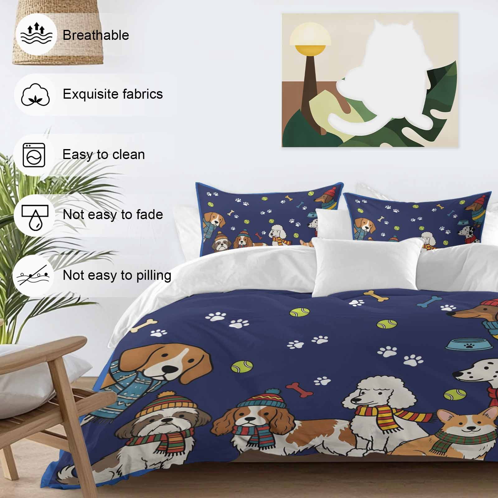 Cartoon Puppy Duvet Cover Set Queen Size, Dag Paw Print Bone Balls Navy Background 4 Piece Bedding Set with Zipper Closure & Corner Ties Soft Breathable Comforter Cover for Bedroom