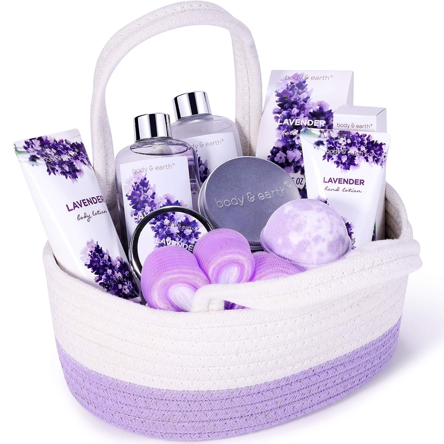 Body & Earth Bath Gift Sets for Women - 11 Pcs Lavender Spa Basket Kits, Luxury Self Care Holiday Beauty Birthday Gifts for Her