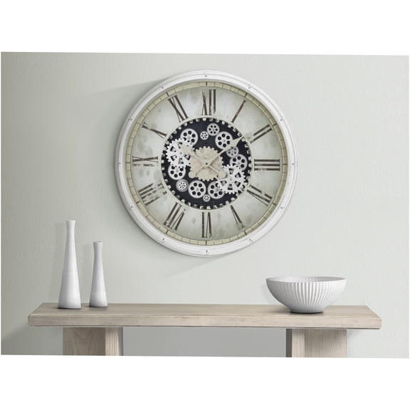 JERFIT Large 30 Inch White Wall Clock with Exposed Gears, Non-Ticking Quartz Movement, Roman Numerals, Glass Face for Living Room, Bedroom, Office Decor