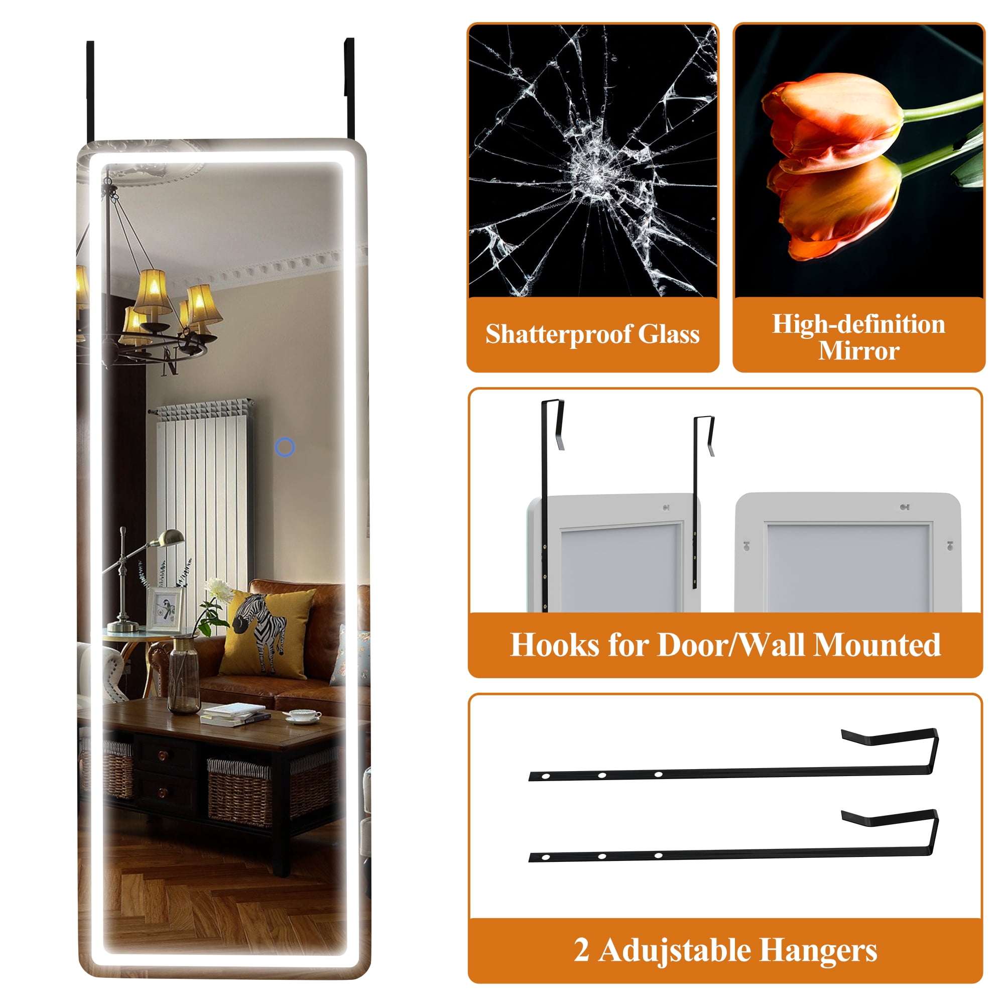 51"x18" Mordern Rectangle Hanging LED Mirror Door Mirror Vanity Mirror,White