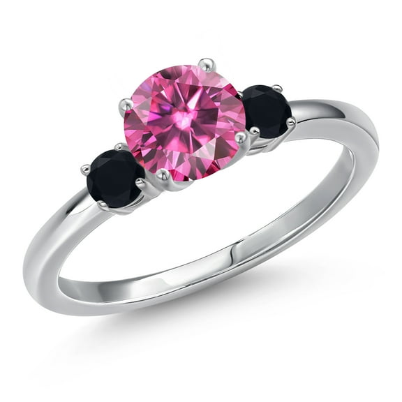 Gem Stone King 14K White Gold Pink Moissanite and Black Onyx Engagement Ring for Women | 1.20 Cttw | Round 6.5MM | Gemstone Birthstone | Size 5