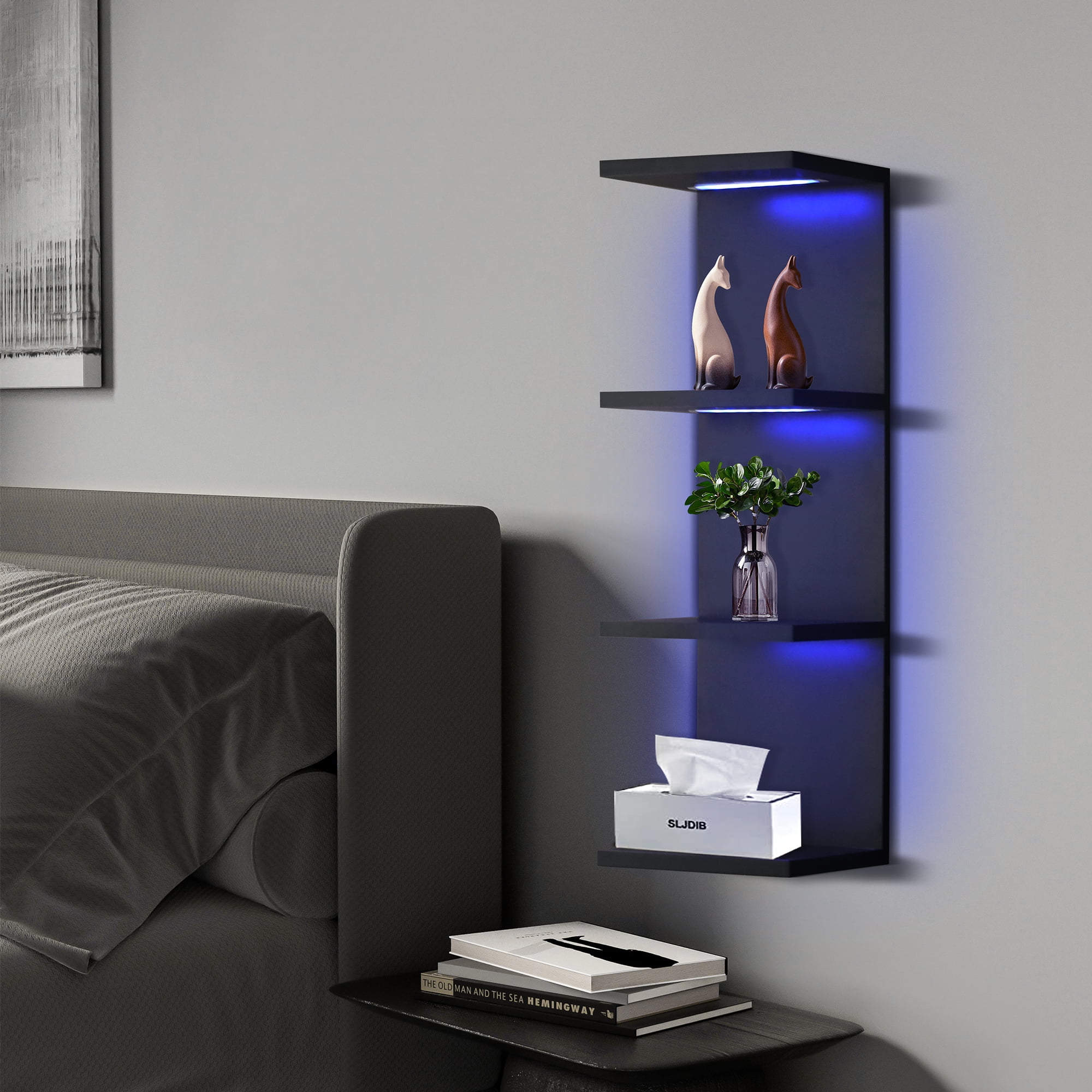 Versatile 4 Tier Wall Shelf Unit,Black Lack Wall Shelf,Display Floating Shelf with RGB Remote Control Light