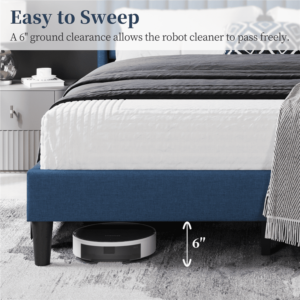 Renwick Queen Upholstered Platform Bed Frame with Channel Tufted Headboard, Navy Blue