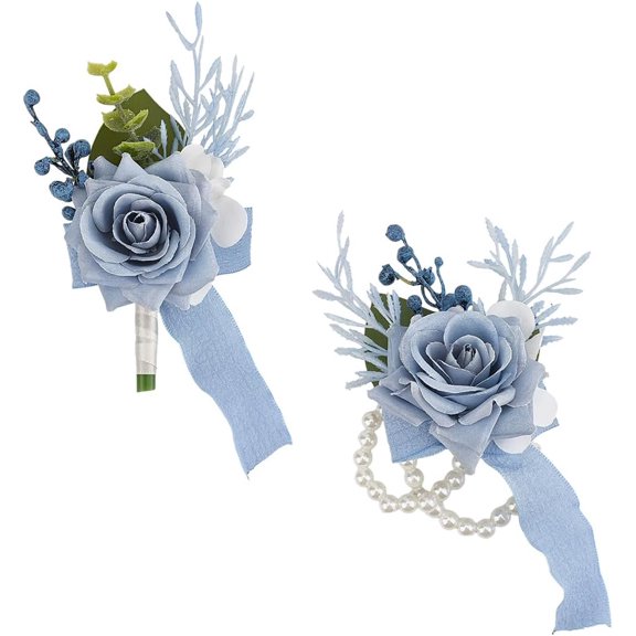 2Pcs Wrist Corsage and Boutonniere Set for Wedding Prom 2 Styles Blue Rose Boutonniere Wrist Corsage Bracelets with Pearl Wristlet Band for Men Bride Bridesmaid Mother Party