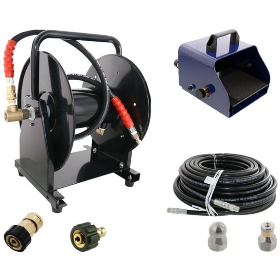 Scheiffer Sewer Jetter Kit - Foot Pedal Hose Reel 3/8" x 150' Hose and Nozzles