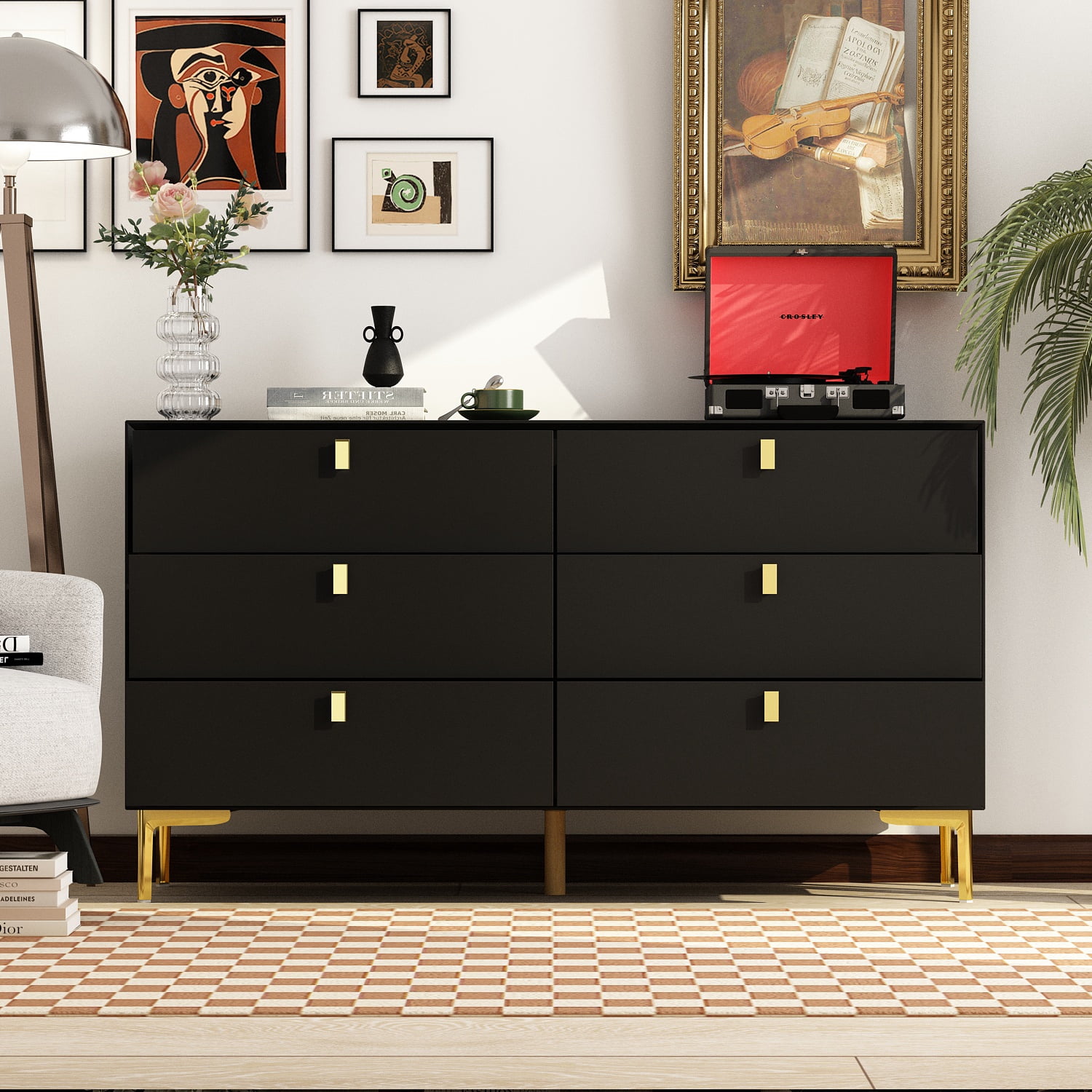 OXYLIFE Modern Wood Double Dresser, 6 Drawer Chest with Metal Handles for  Bedroom, Closet, Hallway, Black and Gold - Walmart.com