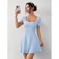 thumbnail image 3 of Baby Blue Square Neck Short Sleeve Fit & Flare Mini Dress With Exterior Pocket, 3 of 8