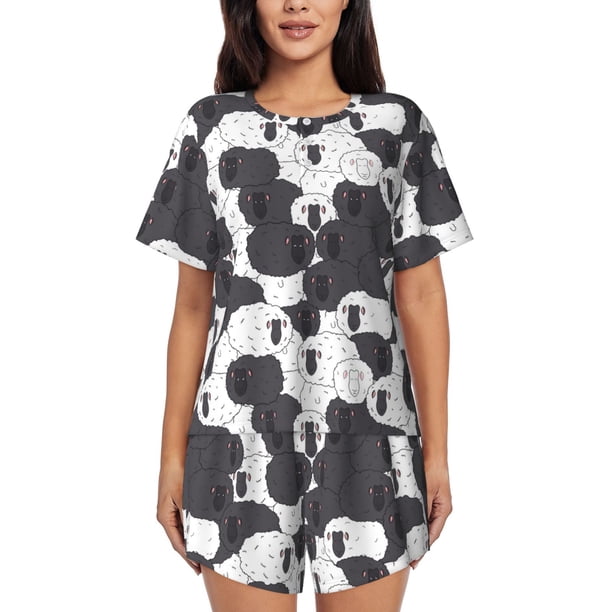 Fotbe Black And White Sheeps Conjunto de Pijama Estampado para Mujer, 2 Piezas, Ropa de Dormir con Camiseta de Manga Corta y Shorts Suaves-Medium