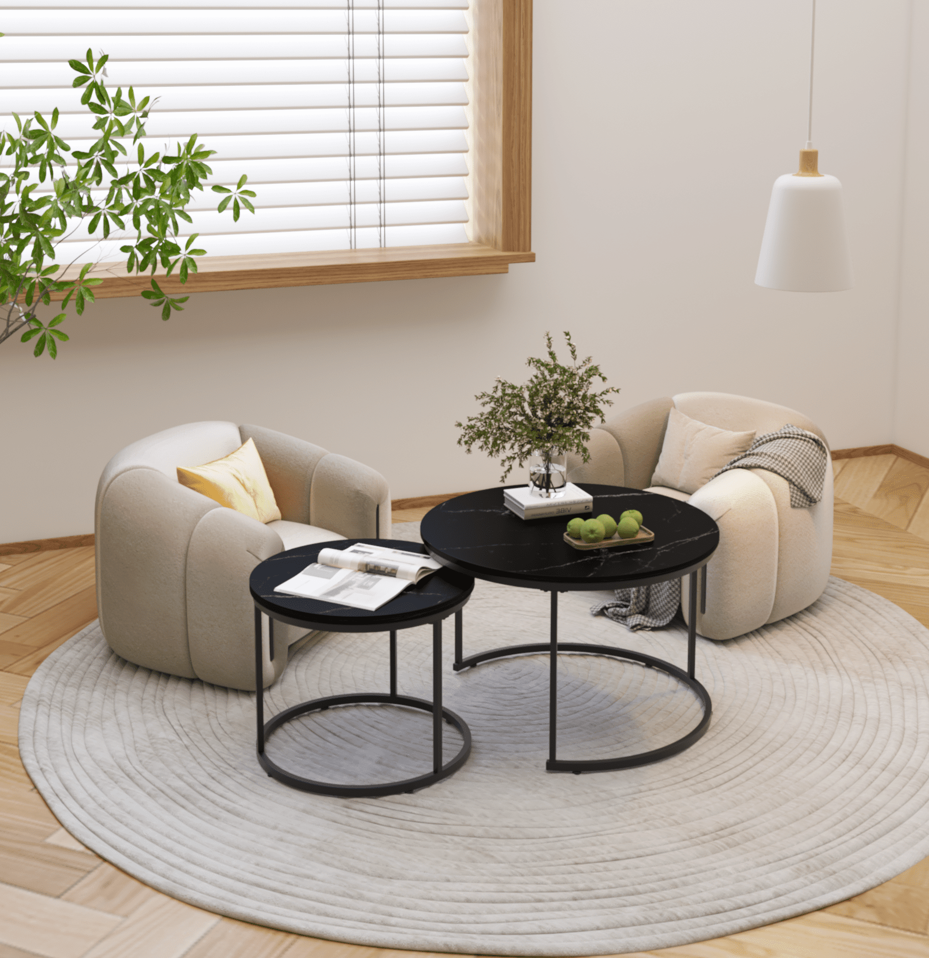 Yoneston 27.6" Round Coffee Table Set of 2, Wood Marble Pattern Top with Sturdy Metal Frame for Living Room Bedroom Balcony Yard, Black