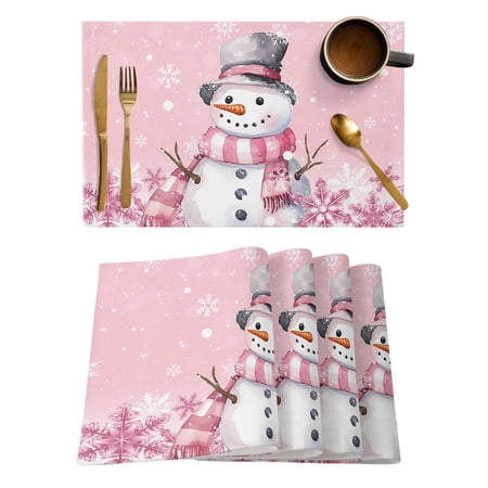 Pink Snowman Christmas Placemats Set of 6 Xmas Pink Snowflake Winter Placemats for Dining Table Place Mats for Kitchen Tabletop Waterproof Wipeable Dining Table Mats Set