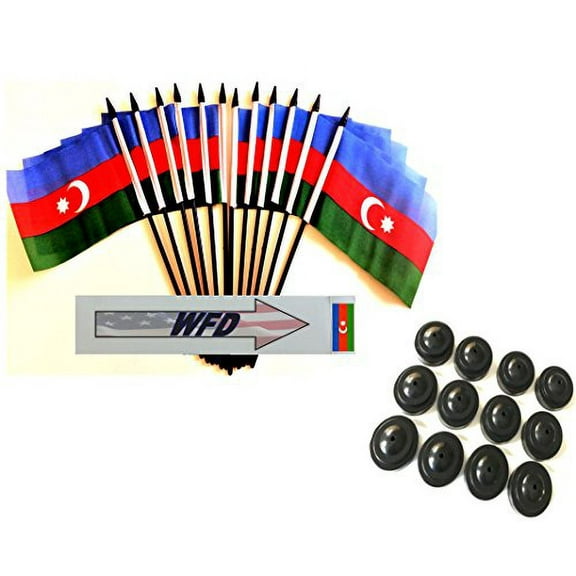 Pack of 12 4"x6" Azerbaijan Polyester Miniature Office Desk & Little Table Flags, 1 Dozen 4"x 6" Azerbaijani Small Mini Handheld Waving Stick Flags with 12 Flag Bases (Flags with Stands)