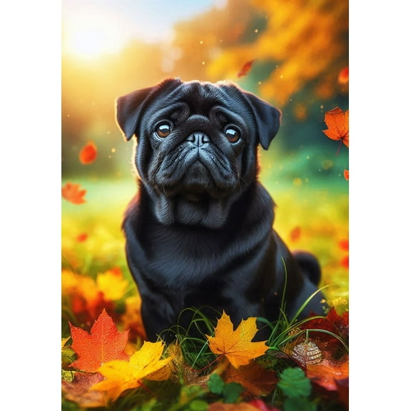Pug Black -  Best of Breed DCR Falling Leaves Garden Flag 12" x 17"