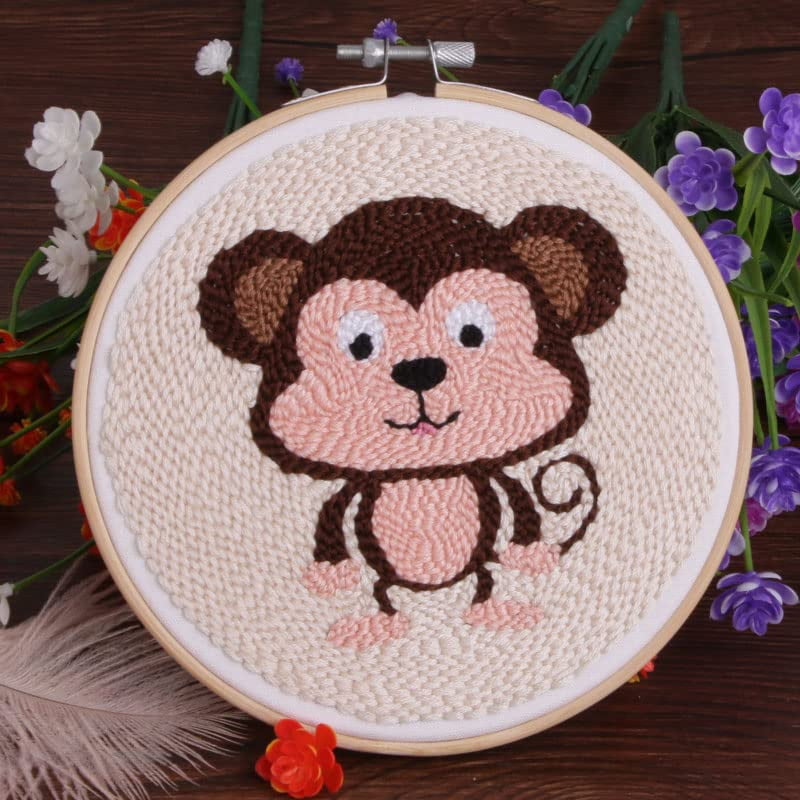 2 Pack Easy Smaller Size DIY Craft Punch Needle Embroidery Kits Rug for Starter Kits with Stamped Color Pattern with Instruction,Yarn and Wood Needle Pen,15cm Hoop (Monkey,Owl)