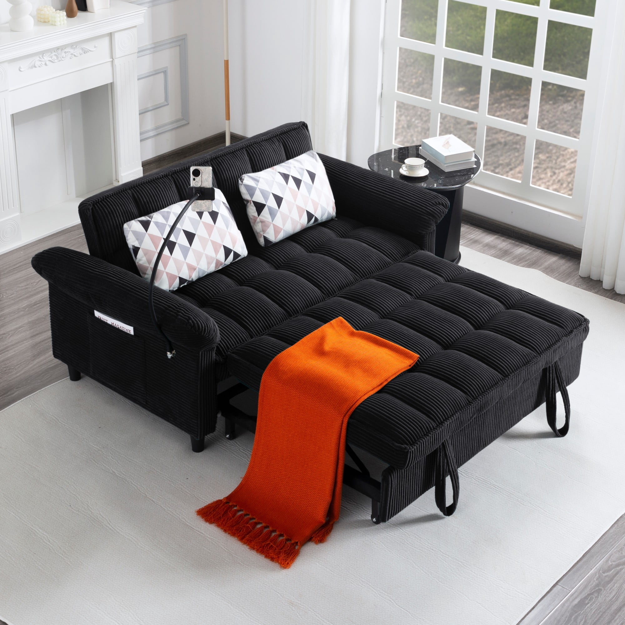 BSHTI 58.27" Corduroy Convertible Sofa Bed with Pull Out Sleeper, 3-Position Backrest, Storage Pocket for Living Room Guest Room, Black（Black）