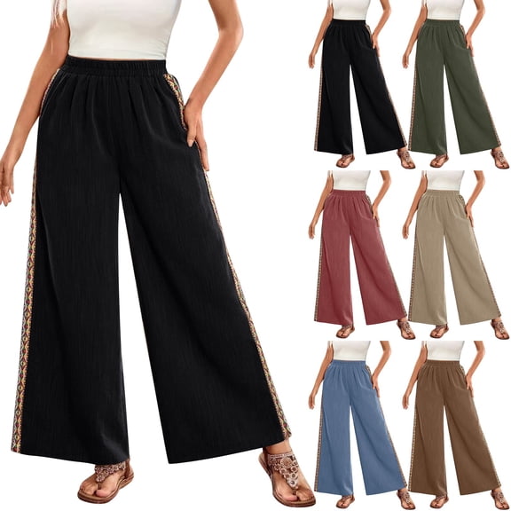Kelon Women's Casual Pants, Women Elastic High Waisted Wide Leg Pants Casual Loose Boho Palazzo Crochet Panel Trousers 2026 Women's Clothing, S