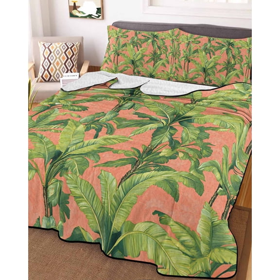 Palm Tree Tropical Queen Size Down Alternative Comforter, Lightweight Comforter Quilt Bedding Set with Pillow Shams Pink Summer Green Botanical All Seasons Bed Comforter Duvet Insert 90"x96"