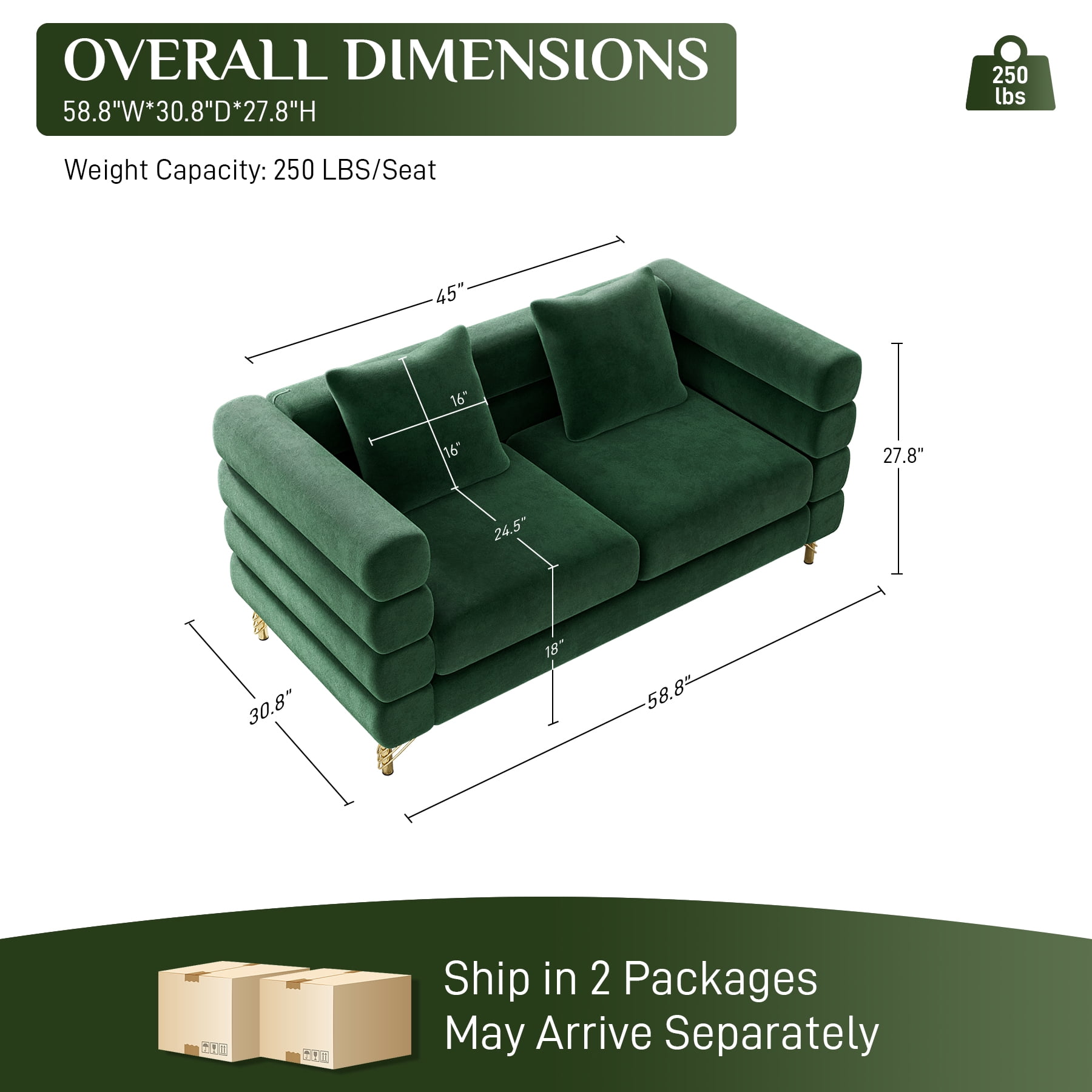 Wiilayok 59" Velvet Cloud Couch, 2 Seater Deep Seat Sofa Couches with Gold Legs,Pillows,Modern Loveseat Sofa for Living Room Bedroom Office Apartment,Emerald Green