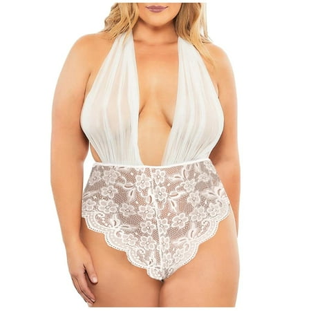 Clearance!Uooqdmx Bodysuits for Women Lace Bodysuit Teddy Jumpsuit V-neck Backless Deep Corset White M