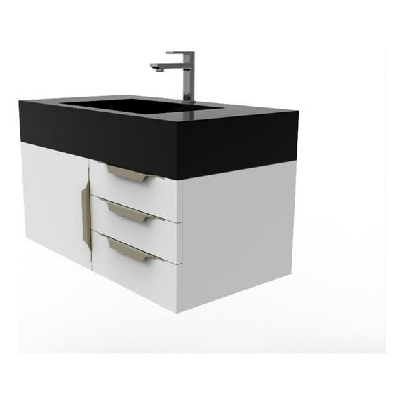 Castello USA Nile 36" White Wood Floating Vanity with Black Top and Gold Trim