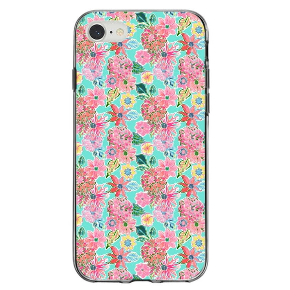 DistinctInk Clear Shockproof Hybrid Case for iPhone 7 8 SE (2020 Model) 4.7" Screen TPU Bumper Acrylic Back Tempered Glass Screen Protector - Preppy Pattern - Pink Flowers on Teal Background