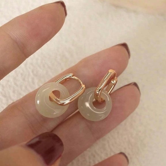 Gold Earrings With Simulated Jade Discs - Fashion Dangle Pair