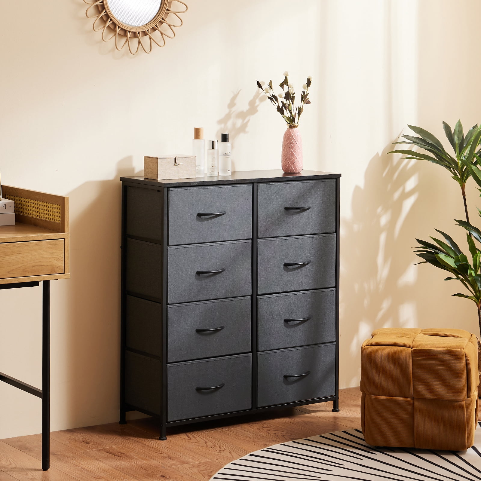 Aidoly Dresser for Bedroom, 8 Storage Drawers, Anti-Tip Fabric Closet Chests Organizer Tower Furniture with Wooden Top Metal Frame for Clothes, Living Room, Hallway, Entryway, Grey