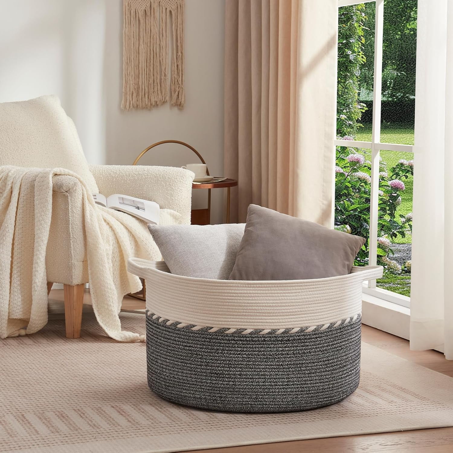 125L Extra Large Blanket Basket, 25" x 16", Jumbo Laundry Hamper, Cotton Rope Basket with Handles,Baby Toy Storage Bins,Black
