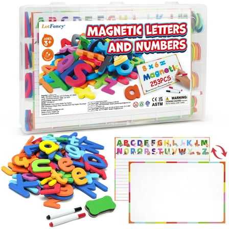 LotFancy 253 Pcs Magnets Alphabet Letters and Numbers Kit w/Magnet Board for Kids Spelling, Learning