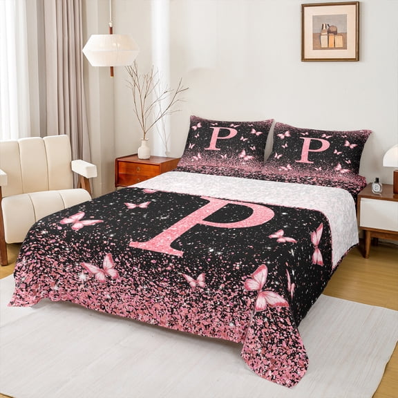 Homewish Initial P Letter Twin Sheet Sets, Black Pink Sequin Print Twin Fitted Sheet, Romantic Butterfly Animal Flat Sheet, Microfiber Bedroom Decor, 3pcs