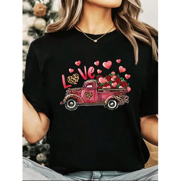 Camiseta de manga corta con cuello redondo y estampado de corazón y rosa para mujer, ideal para el día de San Valentín, informal, de verano, con gráficos para adultos y hombres. Camiseta deportiva inf