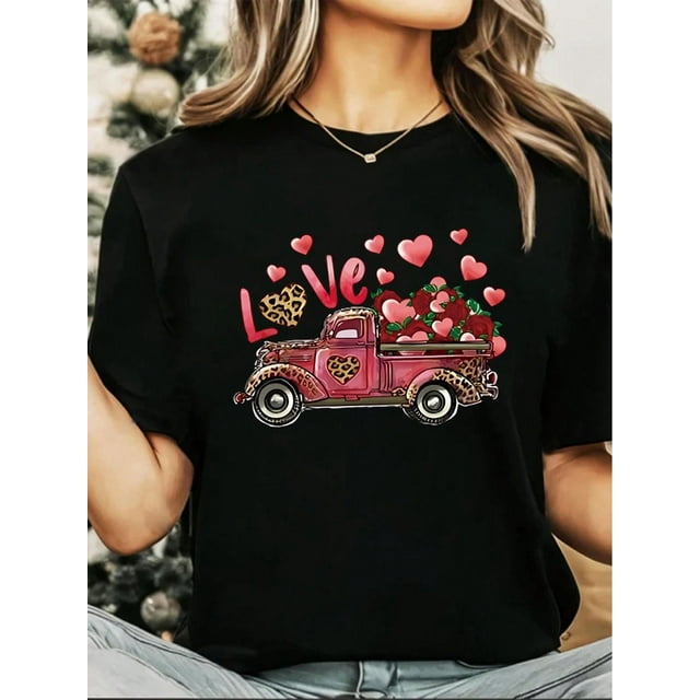 T-Shirt à Manches Courtes Col Rond Imprimé Cœur Rose pour Femmes Décontracté, Été, Top Graphique pour Femmes, Hommes, Femmes, Adolescents, Adultes