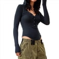 thumbnail image 2 of Túnica de Punto Acanalado de Larga para Mujer, Cuello Redondo, Botones, Informal, Estilo Henley, Blusa Ajustada. Negro S, 2 of 7