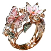 HIRPLIS Butterfly Floral Rings for Women Enamel Open Adjustable Stainless Steel Cubic Zirconia Vintage Elegant Hollow Out Pink Flower Dainty Personalized Gift Jewelry Rose Gold Plated A