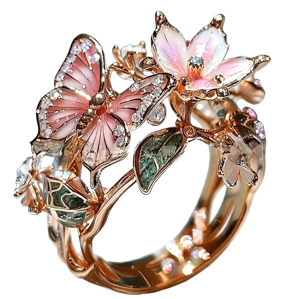 HIRPLIS Butterfly Floral Rings for Women Enamel Open Adjustable Stainless Steel Cubic Zirconia Vintage Elegant Hollow Out Pink Flower Dainty Personalized Gift Jewelry Rose Gold Plated A